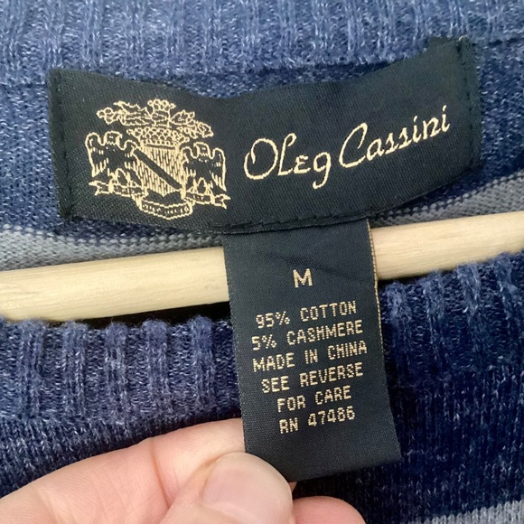 Oleg Cassini Men Sweater M Blue Gray Striped Cashmere Blend Lightweight Pullover - Picture 8 of 14